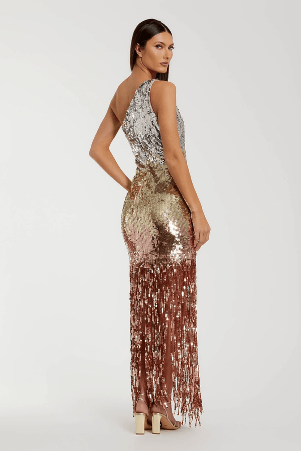 Multicolor Ombre Sequin One Shoulder Fringe Dress - ALBOUSHIYA - district 5 - dubai - riyadh - abaya - dresses - designers - evening wear - luxury - elegance - craftsmanship - gowns - cocktail dresses - collections - georges