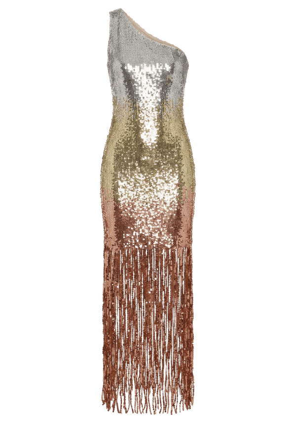 Multicolor Ombre Sequin One Shoulder Fringe Dress - ALBOUSHIYA - district 5 - dubai - riyadh - abaya - dresses - designers - evening wear - luxury - elegance - craftsmanship - gowns - cocktail dresses - collections - georges