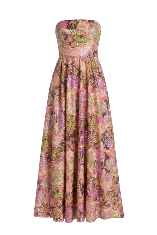 Multicolor Strapless Sequin Floral Midi Dress - ALBOUSHIYA - district 5 - dubai - riyadh - abaya - dresses - designers - evening wear - luxury - elegance - craftsmanship - gowns - cocktail dresses - collections - georges