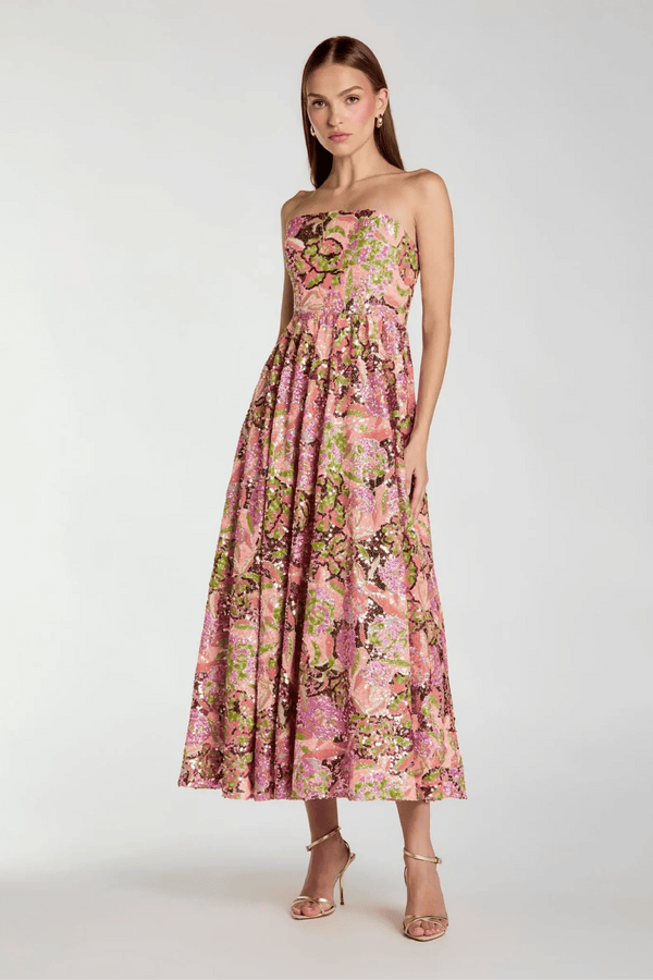 Multicolor Strapless Sequin Floral Midi Dress - ALBOUSHIYA - district 5 - dubai - riyadh - abaya - dresses - designers - evening wear - luxury - elegance - craftsmanship - gowns - cocktail dresses - collections - georges