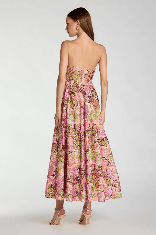 Multicolor Strapless Sequin Floral Midi Dress - ALBOUSHIYA - district 5 - dubai - riyadh - abaya - dresses - designers - evening wear - luxury - elegance - craftsmanship - gowns - cocktail dresses - collections - georges
