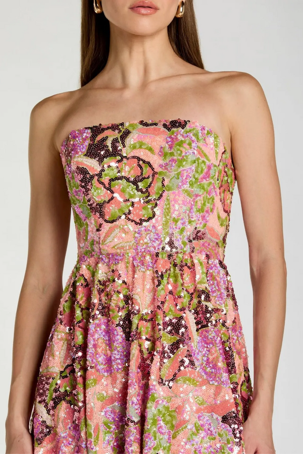 Multicolor Strapless Sequin Floral Midi Dress - ALBOUSHIYA - district 5 - dubai - riyadh - abaya - dresses - designers - evening wear - luxury - elegance - craftsmanship - gowns - cocktail dresses - collections - georges