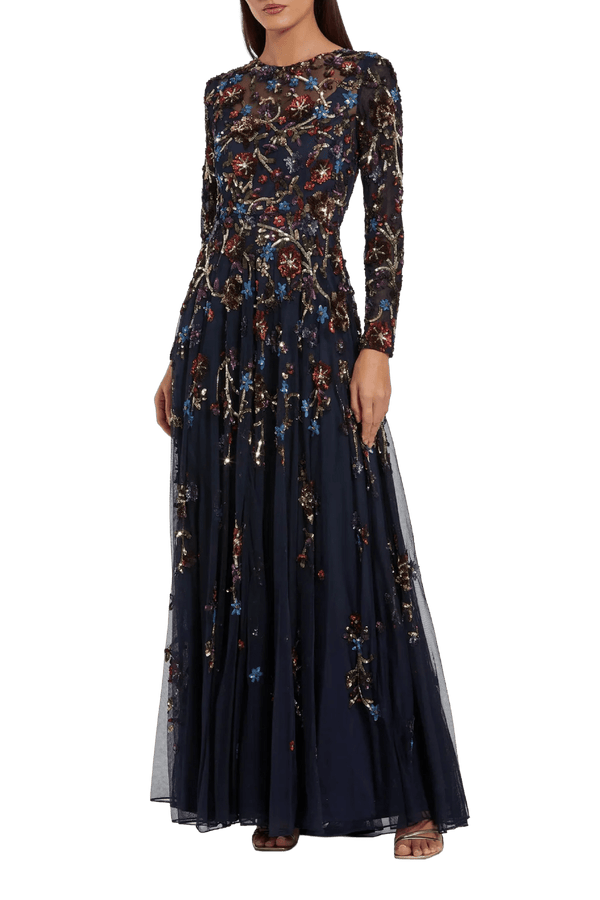Navy Beaded Long Sleeve A - Line Gown - ALBOUSHIYA - district 5 - dubai - riyadh - abaya - dresses - designers - evening wear - luxury - elegance - craftsmanship - gowns - cocktail dresses - collections - georges