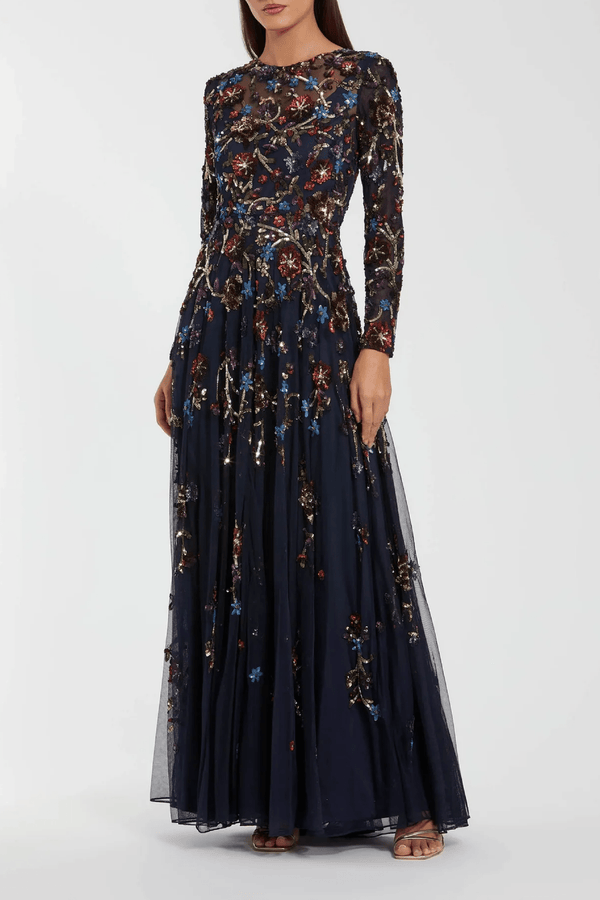 Navy Beaded Long Sleeve A - Line Gown - ALBOUSHIYA - district 5 - dubai - riyadh - abaya - dresses - designers - evening wear - luxury - elegance - craftsmanship - gowns - cocktail dresses - collections - georges