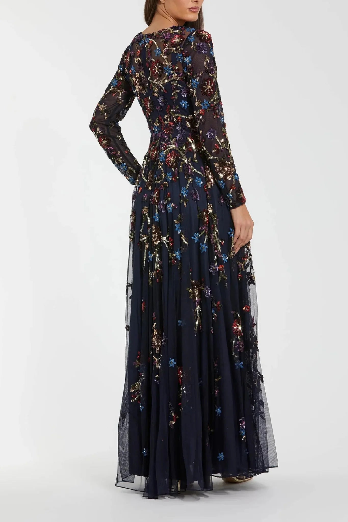 Navy Beaded Long Sleeve A - Line Gown - ALBOUSHIYA - district 5 - dubai - riyadh - abaya - dresses - designers - evening wear - luxury - elegance - craftsmanship - gowns - cocktail dresses - collections - georges
