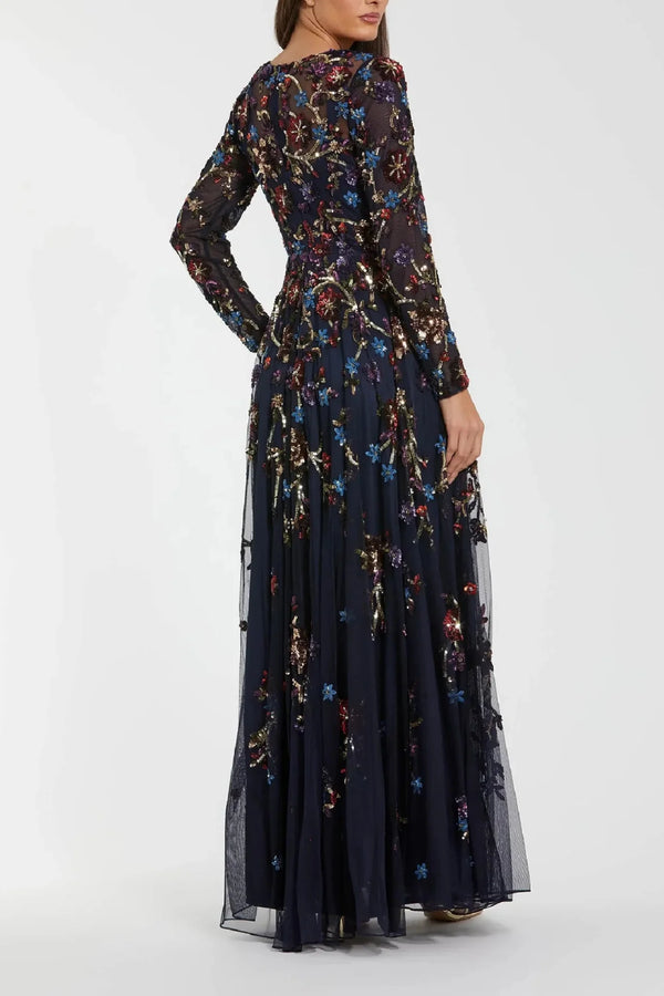 Navy Beaded Long Sleeve A - Line Gown - ALBOUSHIYA - district 5 - dubai - riyadh - abaya - dresses - designers - evening wear - luxury - elegance - craftsmanship - gowns - cocktail dresses - collections - georges