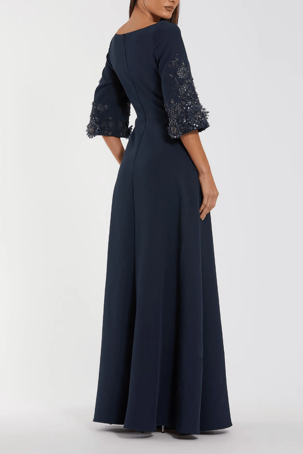 Navy Crepe Gown With Floral Embellished Sleeves - ALBOUSHIYA - district 5 - dubai - riyadh - abaya - dresses - designers - evening wear - luxury - elegance - craftsmanship - gowns - cocktail dresses - collections - georges