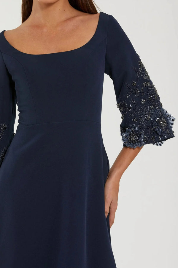 Navy Crepe Gown With Floral Embellished Sleeves - ALBOUSHIYA - district 5 - dubai - riyadh - abaya - dresses - designers - evening wear - luxury - elegance - craftsmanship - gowns - cocktail dresses - collections - georges