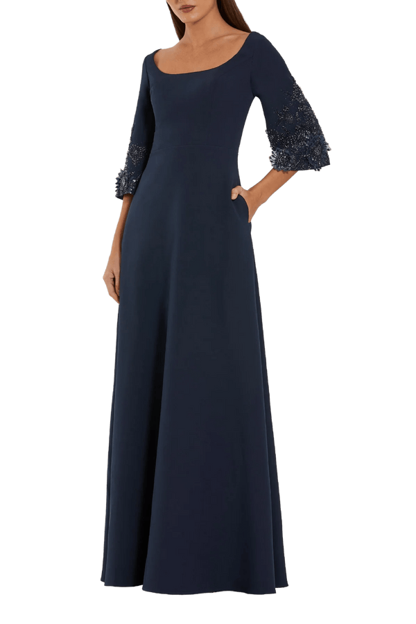 Navy Crepe Gown With Floral Embellished Sleeves - ALBOUSHIYA - district 5 - dubai - riyadh - abaya - dresses - designers - evening wear - luxury - elegance - craftsmanship - gowns - cocktail dresses - collections - georges
