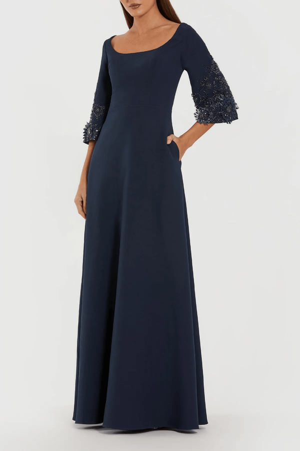 Navy Crepe Gown With Floral Embellished Sleeves - ALBOUSHIYA - district 5 - dubai - riyadh - abaya - dresses - designers - evening wear - luxury - elegance - craftsmanship - gowns - cocktail dresses - collections - georges
