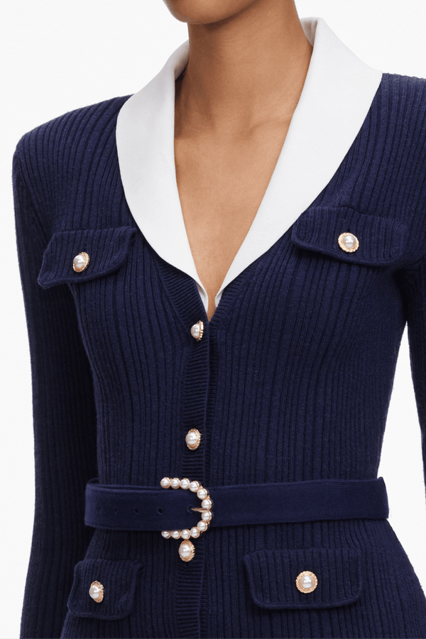Navy Ribbed Knit Cardigan - ALBOUSHIYA - district 5 - dubai - riyadh - abaya - dresses - designers - evening wear - luxury - elegance - craftsmanship - gowns - cocktail dresses - collections - georges