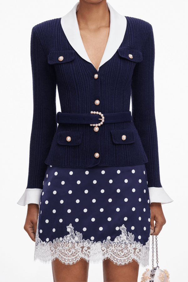 Navy Ribbed Knit Cardigan - ALBOUSHIYA - district 5 - dubai - riyadh - abaya - dresses - designers - evening wear - luxury - elegance - craftsmanship - gowns - cocktail dresses - collections - georges