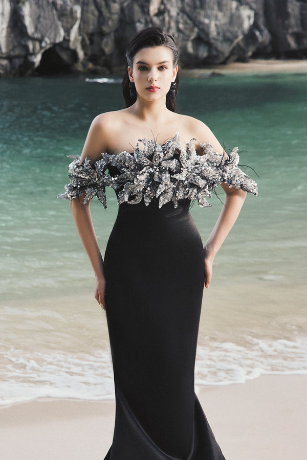 Nicole Trumpet Off - Shoulder Silk Extra Long Length Dress - ALBOUSHIYA - district 5 - dubai - riyadh - abaya - dresses - designers - evening wear - luxury - elegance - craftsmanship - gowns - cocktail dresses - collections - georges