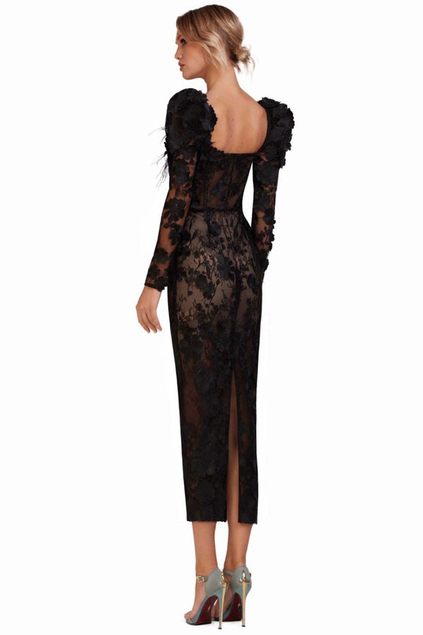 Noir Majesty Midi Dress - ALBOUSHIYA - district 5 - dubai - riyadh - abaya - dresses - designers - evening wear - luxury - elegance - craftsmanship - gowns - cocktail dresses - collections - georges