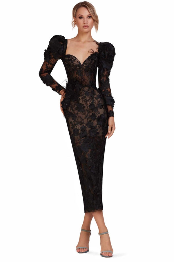 Noir Majesty Midi Dress - ALBOUSHIYA - district 5 - dubai - riyadh - abaya - dresses - designers - evening wear - luxury - elegance - craftsmanship - gowns - cocktail dresses - collections - georges