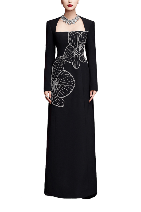 Noir Orchid Elegance Gown - ALBOUSHIYA - district 5 - dubai - riyadh - abaya - dresses - designers - evening wear - luxury - elegance - craftsmanship - gowns - cocktail dresses - collections - georges