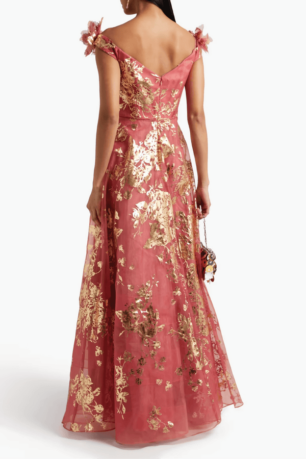 Off Shoulder Floral - Appliquéd Printed Organza Gown - ALBOUSHIYA - district 5 - dubai - riyadh - abaya - dresses - designers - evening wear - luxury - elegance - craftsmanship - gowns - cocktail dresses - collections - georges