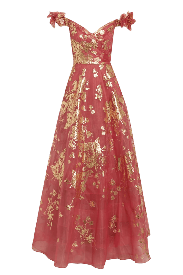 Off Shoulder Floral - Appliquéd Printed Organza Gown - ALBOUSHIYA - district 5 - dubai - riyadh - abaya - dresses - designers - evening wear - luxury - elegance - craftsmanship - gowns - cocktail dresses - collections - georges