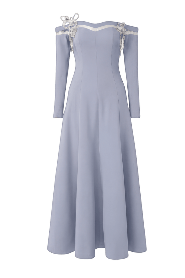 Off-Shoulder Long Sleeve 3D Crystal Midi - ALBOUSHIYA - district 5 - dubai - riyadh - abaya - dresses - designers - evening wear - luxury - elegance - craftsmanship - gowns - cocktail dresses - collections - georges