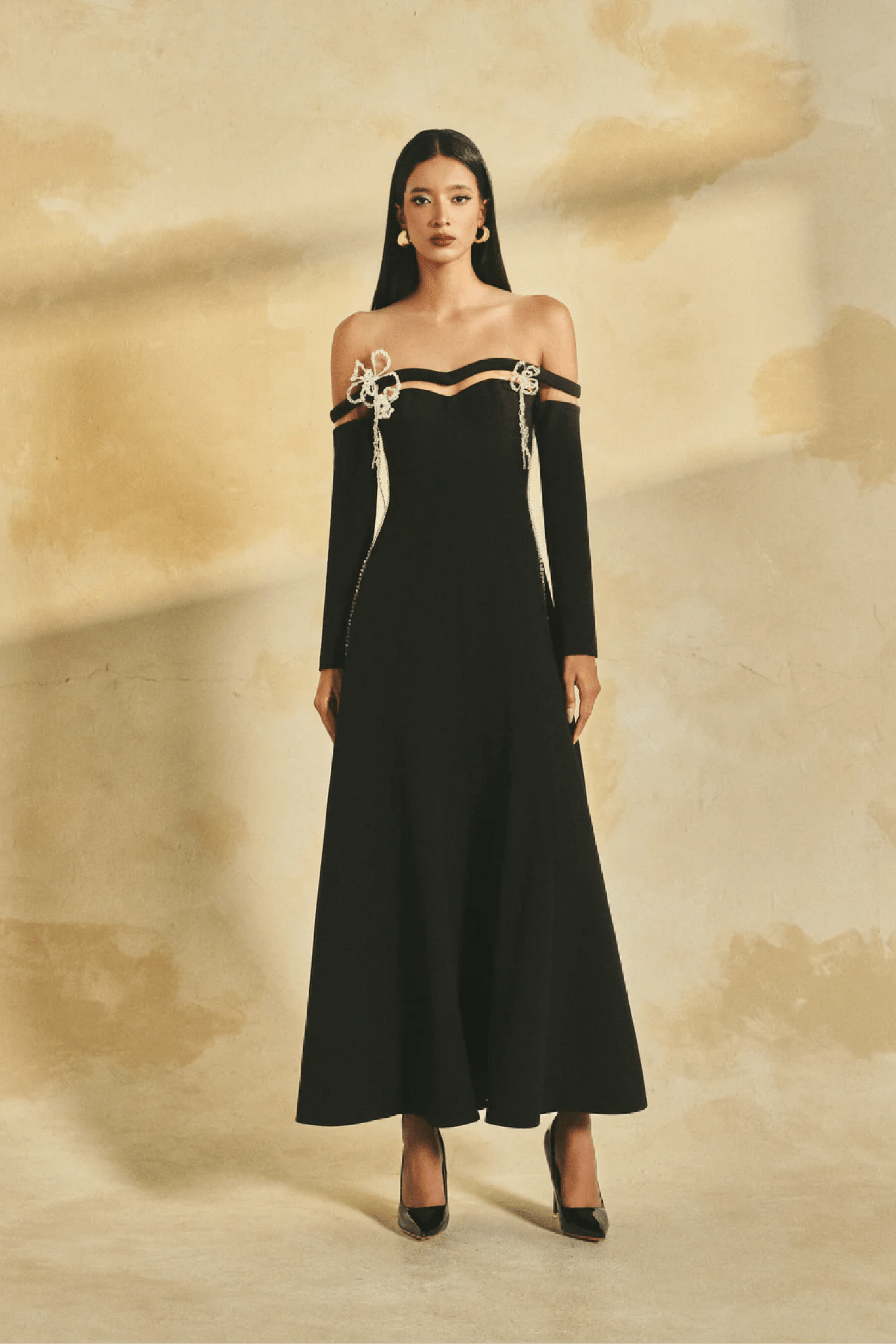 Off-Shoulder Long Sleeve 3D Crystal Midi - ALBOUSHIYA - district 5 - dubai - riyadh - abaya - dresses - designers - evening wear - luxury - elegance - craftsmanship - gowns - cocktail dresses - collections - georges