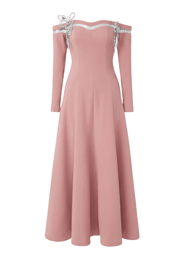 Off-Shoulder Long Sleeve 3D Crystal Midi - ALBOUSHIYA - district 5 - dubai - riyadh - abaya - dresses - designers - evening wear - luxury - elegance - craftsmanship - gowns - cocktail dresses - collections - georges
