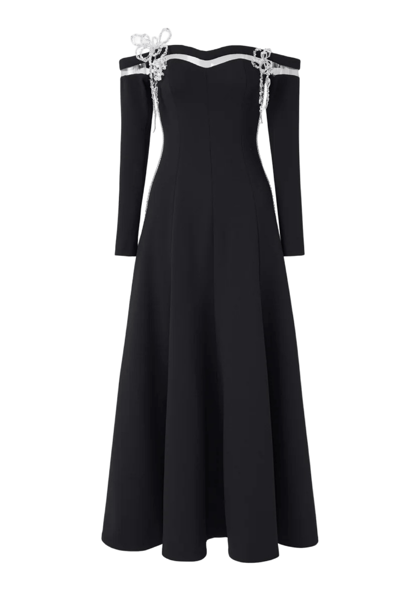 Off-Shoulder Long Sleeve 3D Crystal Midi - ALBOUSHIYA - district 5 - dubai - riyadh - abaya - dresses - designers - evening wear - luxury - elegance - craftsmanship - gowns - cocktail dresses - collections - georges