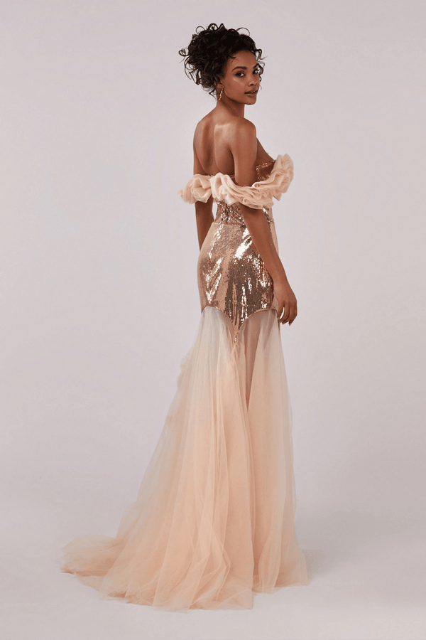 Off Shoulder Sequin Gown - ALBOUSHIYA - district 5 - dubai - riyadh - abaya - dresses - designers - evening wear - luxury - elegance - craftsmanship - gowns - cocktail dresses - collections - georges