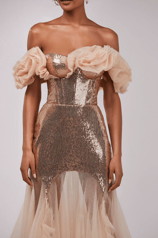 Off Shoulder Sequin Gown - ALBOUSHIYA - district 5 - dubai - riyadh - abaya - dresses - designers - evening wear - luxury - elegance - craftsmanship - gowns - cocktail dresses - collections - georges