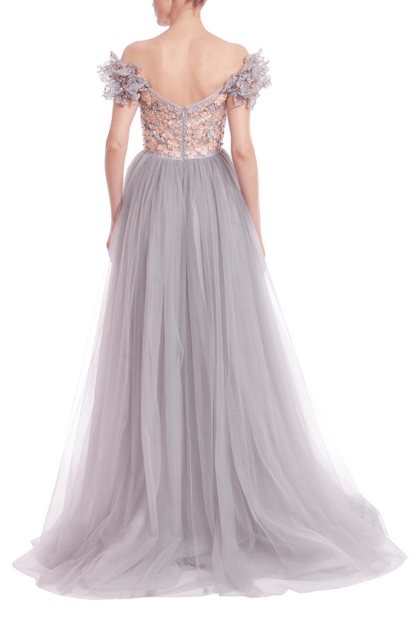 Off - the - Shoulder Embellished Bodice Empire Gown - ALBOUSHIYA - district 5 - dubai - riyadh - abaya - dresses - designers - evening wear - luxury - elegance - craftsmanship - gowns - cocktail dresses - collections - georges