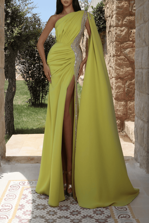 One Shoulder Draped Gown - ALBOUSHIYA - district 5 - dubai - riyadh - abaya - dresses - designers - evening wear - luxury - elegance - craftsmanship - gowns - cocktail dresses - collections - georges