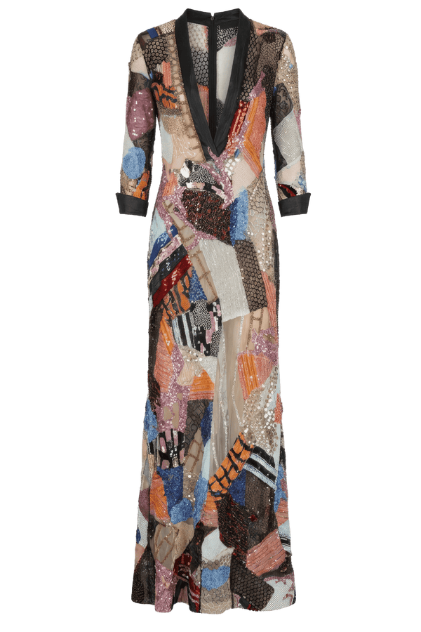 Patchwork Sequin V - Neck Evening Gown - ALBOUSHIYA - district 5 - dubai - riyadh - abaya - dresses - designers - evening wear - luxury - elegance - craftsmanship - gowns - cocktail dresses - collections - georges