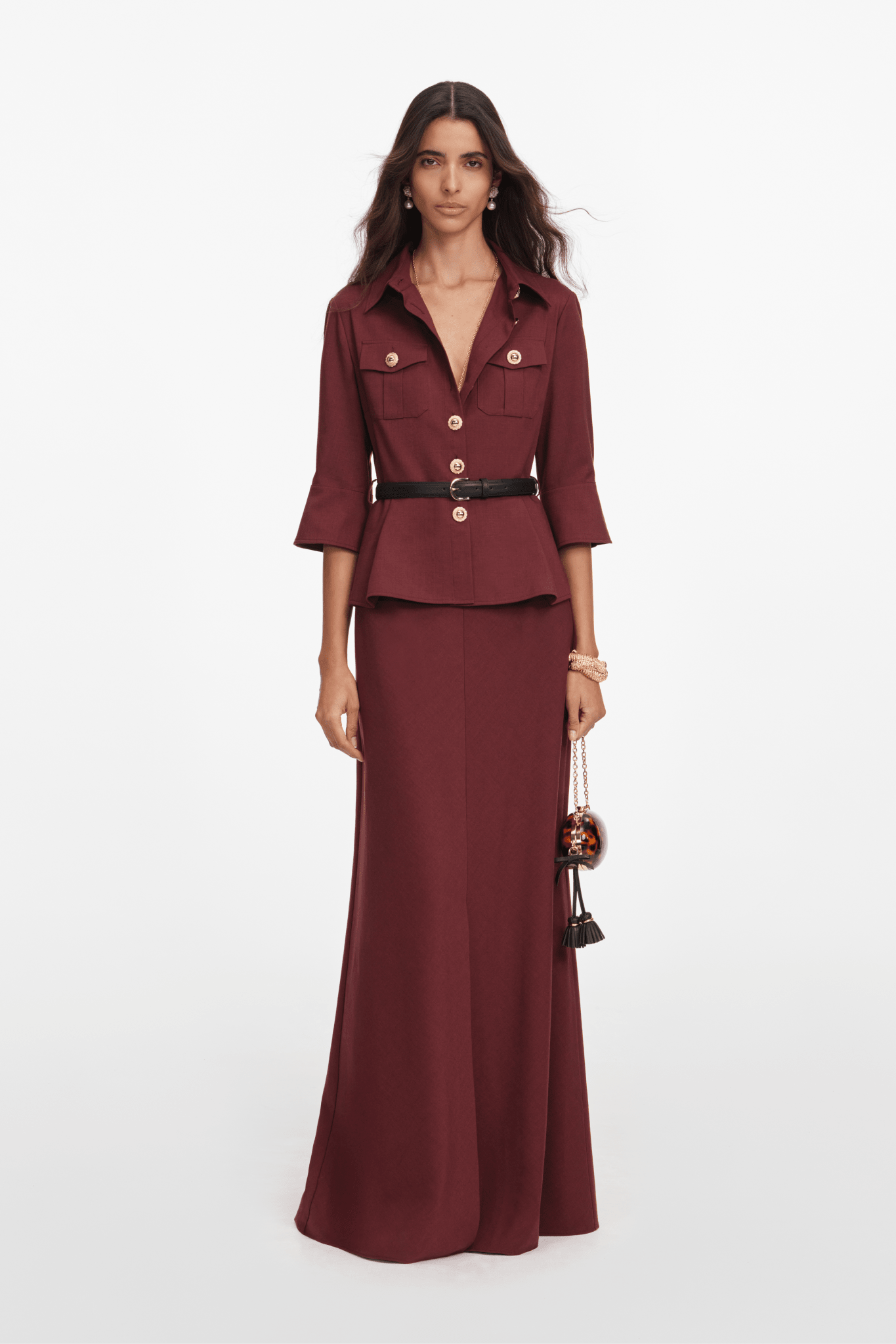 Peplum Maxi Dress in Bordeaux - ALBOUSHIYA - district 5 - dubai - riyadh - abaya - dresses - designers - evening wear - luxury - elegance - craftsmanship - gowns - cocktail dresses - collections - georges