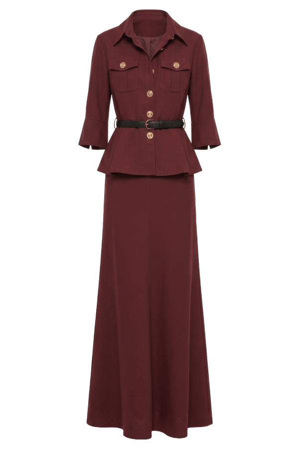 Peplum Maxi Dress in Bordeaux - ALBOUSHIYA - district 5 - dubai - riyadh - abaya - dresses - designers - evening wear - luxury - elegance - craftsmanship - gowns - cocktail dresses - collections - georges