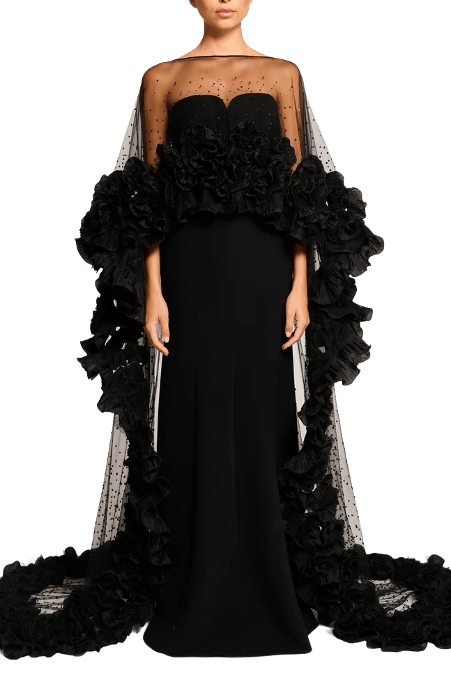Petal Bloom Cape & Lust Dress - ALBOUSHIYA - district 5 - dubai - riyadh - abaya - dresses - designers - evening wear - luxury - elegance - craftsmanship - gowns - cocktail dresses - collections - georges