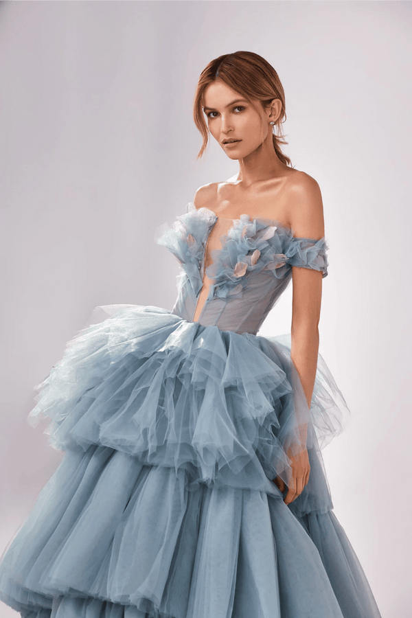 Petal Bodice Tiered Ball Gown - ALBOUSHIYA - district 5 - dubai - riyadh - abaya - dresses - designers - evening wear - luxury - elegance - craftsmanship - gowns - cocktail dresses - collections - georges