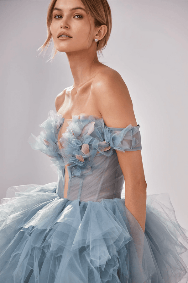 Petal Bodice Tiered Ball Gown - ALBOUSHIYA - district 5 - dubai - riyadh - abaya - dresses - designers - evening wear - luxury - elegance - craftsmanship - gowns - cocktail dresses - collections - georges