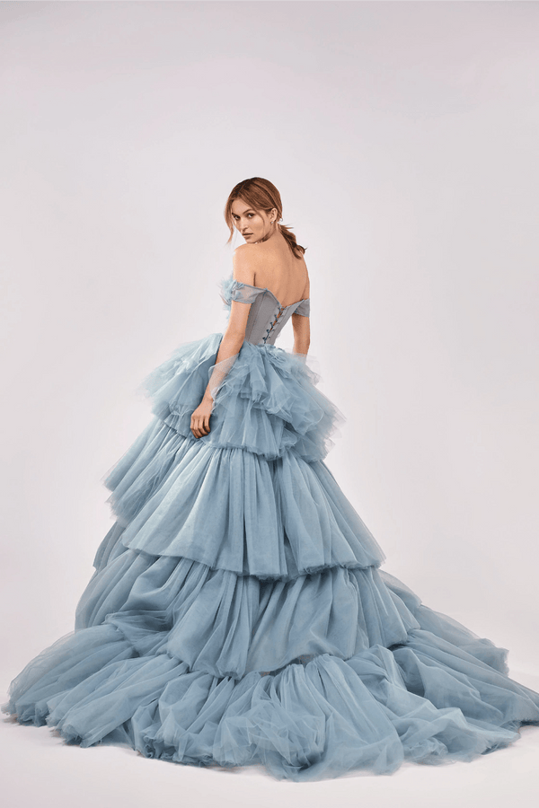 Petal Bodice Tiered Ball Gown - ALBOUSHIYA - district 5 - dubai - riyadh - abaya - dresses - designers - evening wear - luxury - elegance - craftsmanship - gowns - cocktail dresses - collections - georges