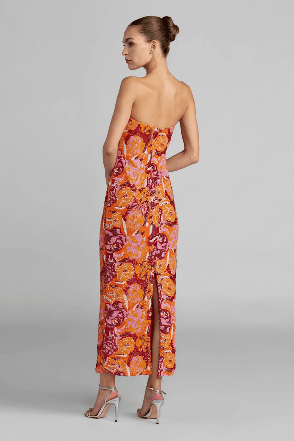 Pink and Orange Strapless Floral Sequin Midi Dress - ALBOUSHIYA - district 5 - dubai - riyadh - abaya - dresses - designers - evening wear - luxury - elegance - craftsmanship - gowns - cocktail dresses - collections - georges