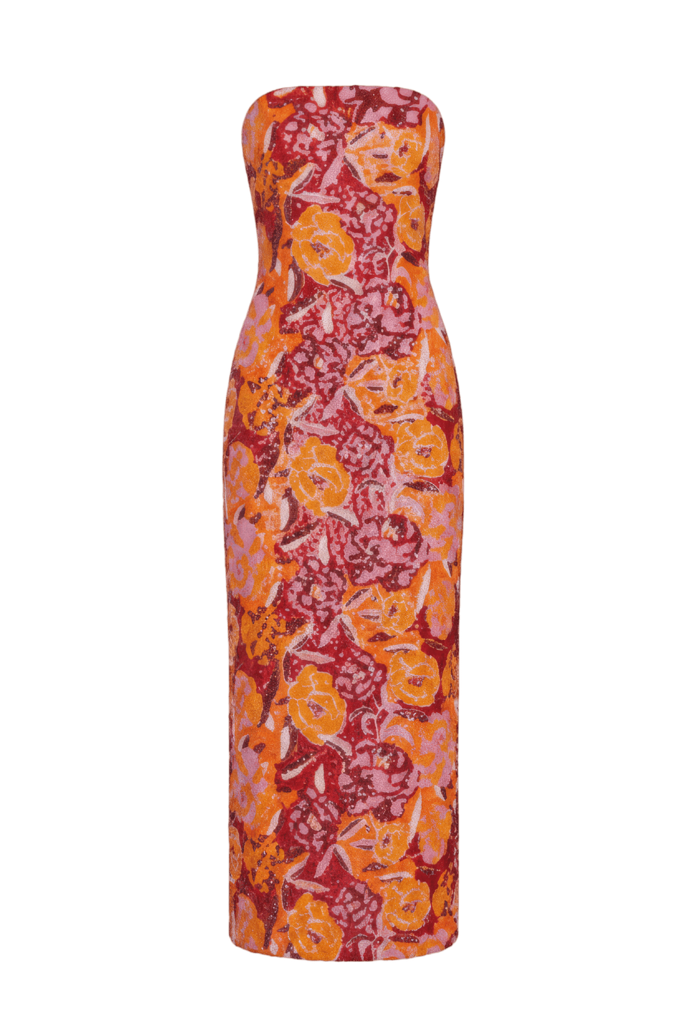 Pink and Orange Strapless Floral Sequin Midi Dress - ALBOUSHIYA - district 5 - dubai - riyadh - abaya - dresses - designers - evening wear - luxury - elegance - craftsmanship - gowns - cocktail dresses - collections - georges