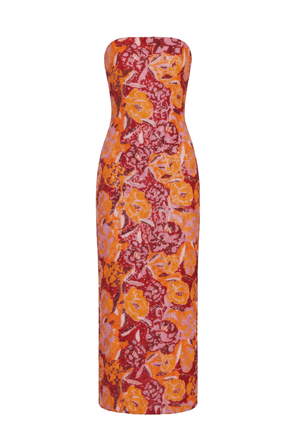 Pink and Orange Strapless Floral Sequin Midi Dress - ALBOUSHIYA - district 5 - dubai - riyadh - abaya - dresses - designers - evening wear - luxury - elegance - craftsmanship - gowns - cocktail dresses - collections - georges