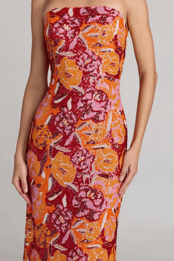 Pink and Orange Strapless Floral Sequin Midi Dress - ALBOUSHIYA - district 5 - dubai - riyadh - abaya - dresses - designers - evening wear - luxury - elegance - craftsmanship - gowns - cocktail dresses - collections - georges