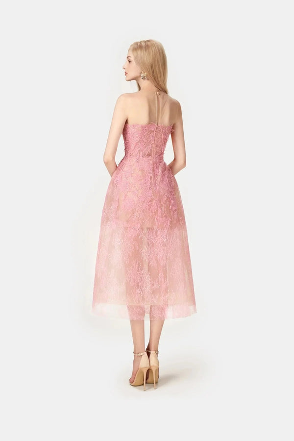 Pink Beaded Lace Dress - ALBOUSHIYA - district 5 - dubai - riyadh - abaya - dresses - designers - evening wear - luxury - elegance - craftsmanship - gowns - cocktail dresses - collections - georges