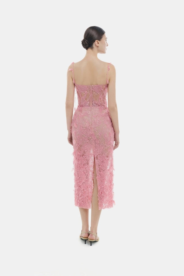 Pink Beaded Lace Pencil Dress - ALBOUSHIYA - district 5 - dubai - riyadh - abaya - dresses - designers - evening wear - luxury - elegance - craftsmanship - gowns - cocktail dresses - collections - georges