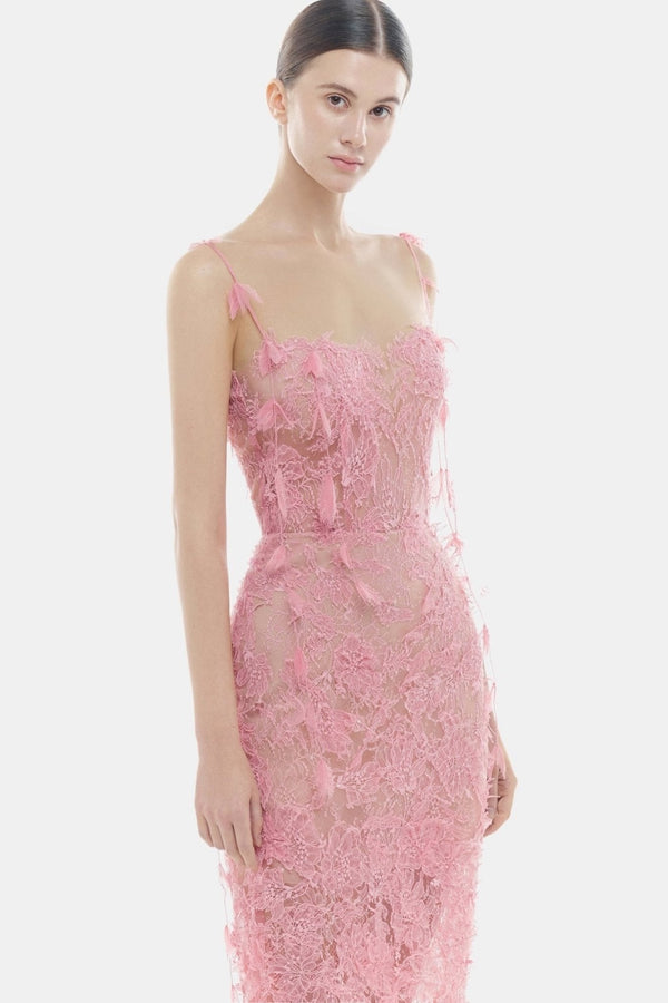 Pink Beaded Lace Pencil Dress - ALBOUSHIYA - district 5 - dubai - riyadh - abaya - dresses - designers - evening wear - luxury - elegance - craftsmanship - gowns - cocktail dresses - collections - georges