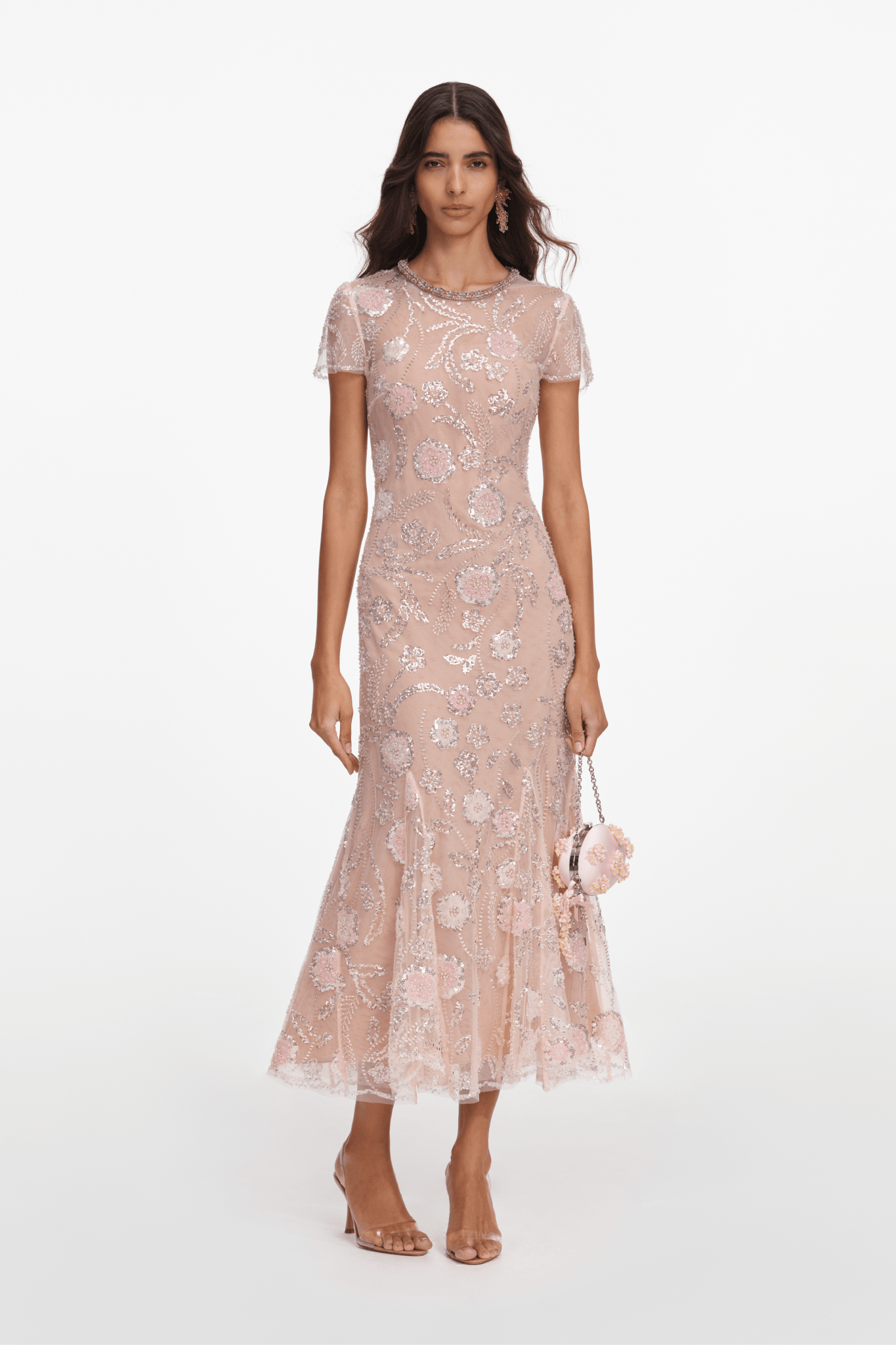 Pink Flower Sequin Embellished Dress - ALBOUSHIYA - district 5 - dubai - riyadh - abaya - dresses - designers - evening wear - luxury - elegance - craftsmanship - gowns - cocktail dresses - collections - georges