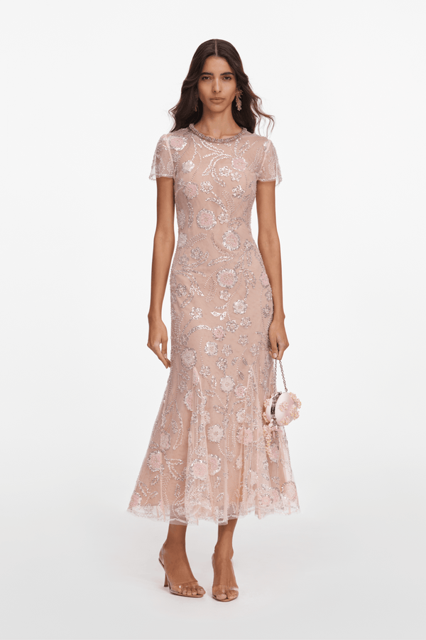 Pink Flower Sequin Embellished Dress - ALBOUSHIYA - district 5 - dubai - riyadh - abaya - dresses - designers - evening wear - luxury - elegance - craftsmanship - gowns - cocktail dresses - collections - georges