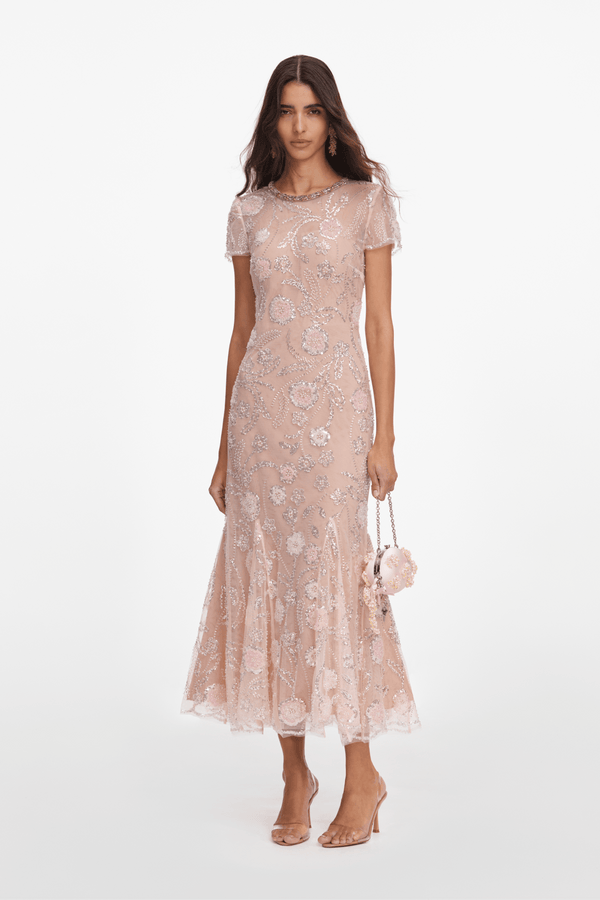 Pink Flower Sequin Embellished Dress - ALBOUSHIYA - district 5 - dubai - riyadh - abaya - dresses - designers - evening wear - luxury - elegance - craftsmanship - gowns - cocktail dresses - collections - georges