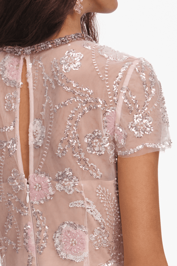 Pink Flower Sequin Embellished Dress - ALBOUSHIYA - district 5 - dubai - riyadh - abaya - dresses - designers - evening wear - luxury - elegance - craftsmanship - gowns - cocktail dresses - collections - georges