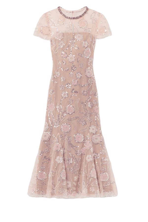 Pink Flower Sequin Embellished Dress - ALBOUSHIYA - district 5 - dubai - riyadh - abaya - dresses - designers - evening wear - luxury - elegance - craftsmanship - gowns - cocktail dresses - collections - georges