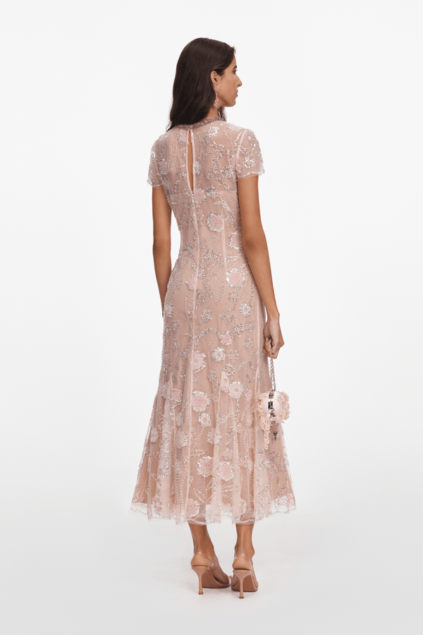 Pink Flower Sequin Embellished Dress - ALBOUSHIYA - district 5 - dubai - riyadh - abaya - dresses - designers - evening wear - luxury - elegance - craftsmanship - gowns - cocktail dresses - collections - georges